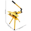 A yellow hydraulic pipe bender on a stand, with dimensions indicated by lines and text. Podgląd zdjęcia produktu