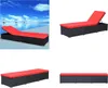 A collage of images showing a black rattan sun lounger with red cushions, displayed in different configurations and settings. Náhľad obrázku produktu