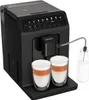 A black automatic coffee machine with two glasses of latte macchiato and a milk jug. Voir les images du produit
