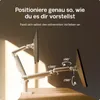 A dual monitor desk mount is shown on a desk, with text highlighting its adjustability. Produktbild-Vorschau