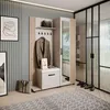 A hallway with a wardrobe set, including a mirror, coat hooks, and a bench. Produktbild-Vorschau