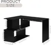 A black L-shaped desk with dimensions indicated by text and lines. Produktbild-Vorschau