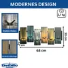 A collage of images showcasing a modern wall-mounted coat rack with multiple hooks, with text and dimensions highlighting its features. Produktbild-Vorschau