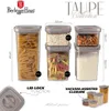A collection of Berlinger Haus food storage containers with various food items inside, along with product dimensions and feature callouts. Produktbild-Vorschau
