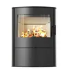 A black steel wood-burning stove with a glass door showing a fire inside, set against a white background. Anteprima dell’immagine prodotto