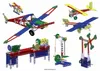 A collage of various construction toy models made from metal parts, including airplanes, a helicopter, a lathe, a winch, and a windmill. Produktbild-Vorschau