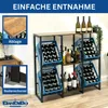 A metal and wood wine rack filled with bottles, with inset images highlighting shelf and floor protector features. Produktbild-Vorschau