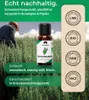 A bottle of rosemary oil is shown in a field of rosemary, with marketing text and certifications. Produktbild-Vorschau