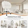 A white velvet office chair with a shell-shaped backrest is shown in the foreground, with a blurred background depicting a modern living room. Below the chair, there are three smaller images showcasing the chair in different settings: a dressing table, an  Produktbild-Vorschau