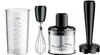 A set of hand blender accessories, including a beaker, whisk attachment, chopper attachment, and hand blender body, arranged on a white background. Produktbild-Vorschau