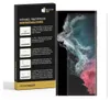 A product box with installation instructions for a hydrogel screen protector next to a smartphone with the screen protector applied. Produktbild-Vorschau