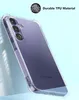 A clear phone case is shown at an angle against a light blue and white background. Produktbild-Vorschau