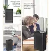 Collage of images showing a portable heater in different settings, including home and office, with descriptive text. Produktbild-Vorschau