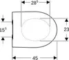 A technical drawing of a toilet seat with dimensions indicated. Produktbild-Vorschau