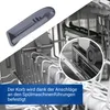 A collage showing a dishwasher rack stopper and its placement within a dishwasher. Produktbild-Vorschau