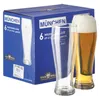 A box of six beer glasses, with two glasses shown in front of the box, one empty and one filled with beer. Podgląd zdjęcia produktu