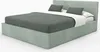 A mint-colored bed with a storage compartment and two gray pillows on a white background. Produktbild-Vorschau