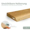 A close-up of a wooden shelf with a visible mounting bracket and screws, along with marketing text and a logo. Produktbild-Vorschau