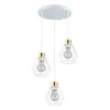 A white three-light pendant lamp with gold accents and white wire cage shades, each holding a light bulb. Produktbild-Vorschau