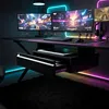 A gaming desk setup with multiple monitors, a keyboard, mouse, and headphones, featuring a pull-out drawer and ambient RGB lighting. Voir les images du produit