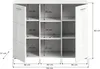 A diagram showing the dimensions of a white sideboard with open doors and shelves. Produktbild-Vorschau