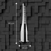 A white tower fan is placed against a black textured background, with dimensions indicated by dotted lines and text. Voir les images du produit