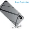 A clear phone case is shown on a white background, with text indicating 'Drop Protection' and a graphic of the phone falling and cracking the ground. Produktbild-Vorschau