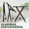 A folding table shown in three stages of setup on a balcony. Produktbild-Vorschau