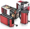 A red electric kettle and a red toaster are displayed next to their packaging. Produktbild-Vorschau