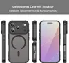 Multiple views of a black iPhone case with a matte finish and a circular magnetic charging area, presented against a light gray background. Produktbild-Vorschau