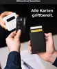 Hands holding a cardholder and a payment terminal, with credit cards visible. Produktbild-Vorschau