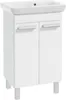 A white bathroom vanity with a sink on top, shown from the front. Produktbild-Vorschau