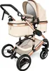 A beige and gold baby stroller with a bassinet and storage basket, shown from a front-diagonal angle against a white background. Produktbild-Vorschau
