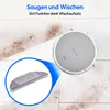 A robot vacuum cleaner is shown on a tiled floor with dirt, and a close-up of its mopping attachment is highlighted. Produktbild-Vorschau