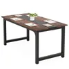 A modern computer desk with a rustic wood finish and black metal legs, set against a white background. Podgląd zdjęcia produktu