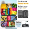 An open suitcase packed with colorful clothes and accessories, alongside images of the suitcase interior and a luggage scale. Produktbild-Vorschau