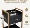 A close-up view of a multi-functional trolley, showcasing its drawers and accessories, with text overlays highlighting its features. Produktbild-Vorschau