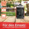 A portable generator is shown on a wooden table with icons representing devices it can power. Produktbild-Vorschau
