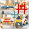 A collage of images showing different parts of a wooden train set, including trains, tracks, bridges, and accessories. Podgląd zdjęcia produktu