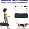 A woman is walking a dog while carrying a black duffel bag, with agility training equipment laid out next to them. Produktbild-Vorschau