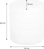 A white, cylindrical ottoman with bouclé fabric is shown with dimensions indicated by measurement lines and text. Produktbild-Vorschau