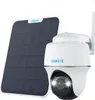 A white Reolink security camera and a solar panel are shown against a white background. Produktbild-Vorschau