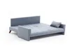 A blue sofa bed is shown against a white background, with dimensions indicated by white lines and text. Produktbild-Vorschau
