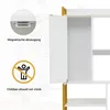 Close-up view of a white bookshelf with gold accents, showing a magnetic latch and a safety warning symbol. Produktbild-Vorschau