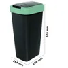 A black trash can with a green lid and frame, shown from a slight angle with dimensions indicated. Anteprima dell’immagine prodotto