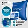 A marketing image showing a complete set for a pool, including a large inflatable cushion, a smaller boxed cushion, a rope, and repair kits. Produktbild-Vorschau