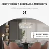 A dining room scene with a chandelier, table, and chairs, overlaid with certification information and product details. Produktbild-Vorschau