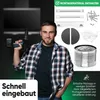 A man holding a drill in front of a dark background, with various installation materials and a ventilation hose displayed on the right side of the image. Text overlays highlight features and installation. Produktbild-Vorschau