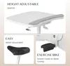 Collage of product features: adjustable desktop, seat, and exercise bike caster. Voir les images du produit