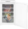 An open white freezer with several drawers containing frozen food items. Produktbild-Vorschau
